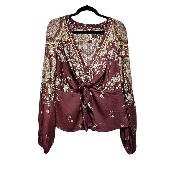 Free People Run Free Blouse Floral Balloon Sleeve Tie-Front Satin Blouse Size M - Picture 2 of 10